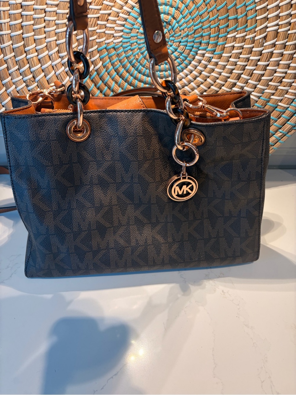 Michael Kors Brown Monogram Tote with Tan Interior and Rose Gold Hardware